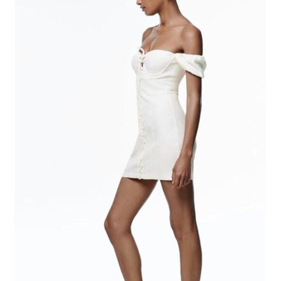 ZARA Off The Shoulder Puff Sleeves Mini Dress With Detail L - Picture 5 of 11